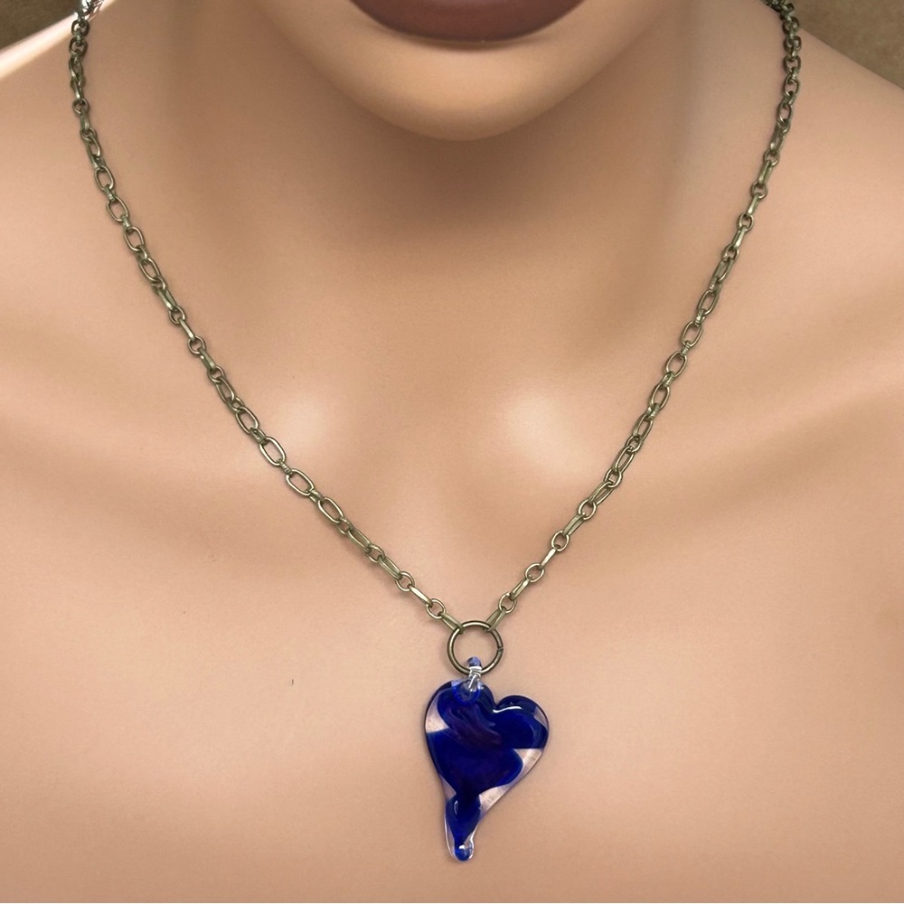 Hand Crafted Glass Blue Heart Pendant Necklace